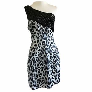Black & Grey Leopard Silk & Beaded Cocktail Dress NWT
